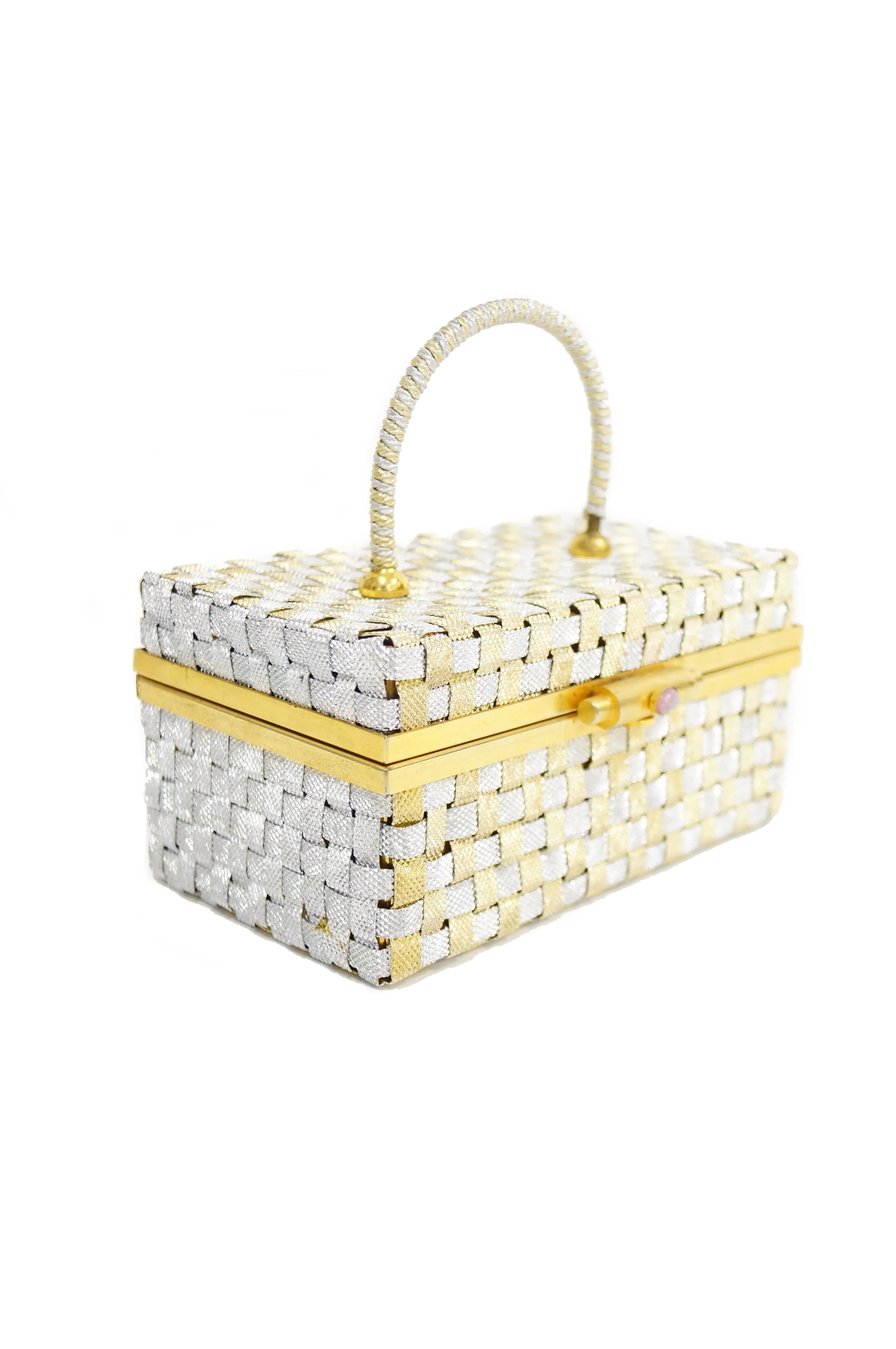 1950s Delil Silver and Gold Woven Metal Box Purse With Foil Opal Closure