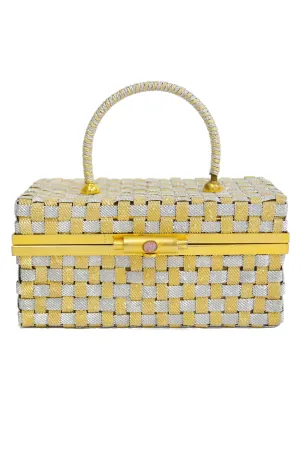 1950s Delil Silver and Gold Woven Metal Box Purse With Foil Opal Closure