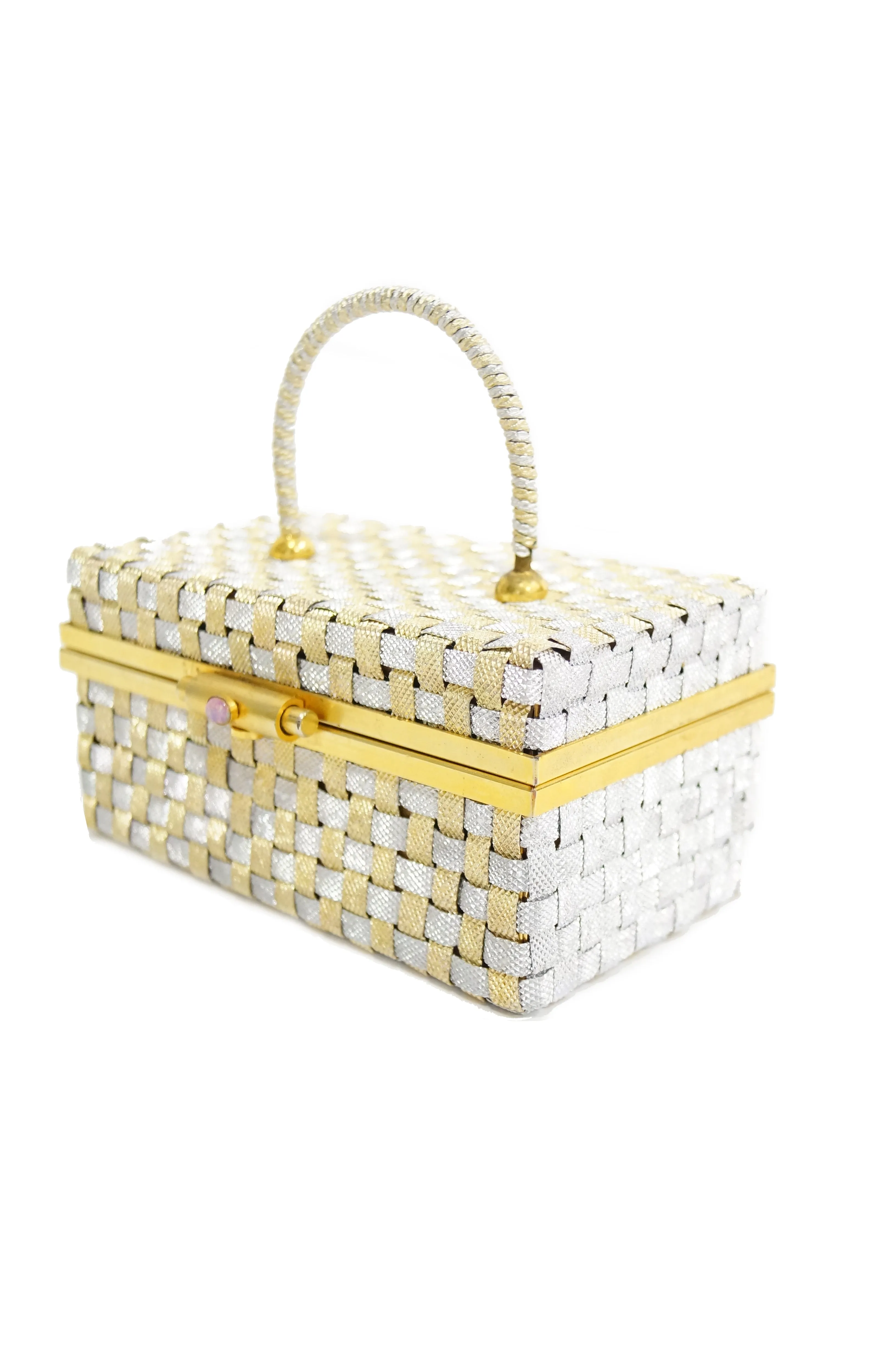 1950s Delil Silver and Gold Woven Metal Box Purse With Foil Opal Closure