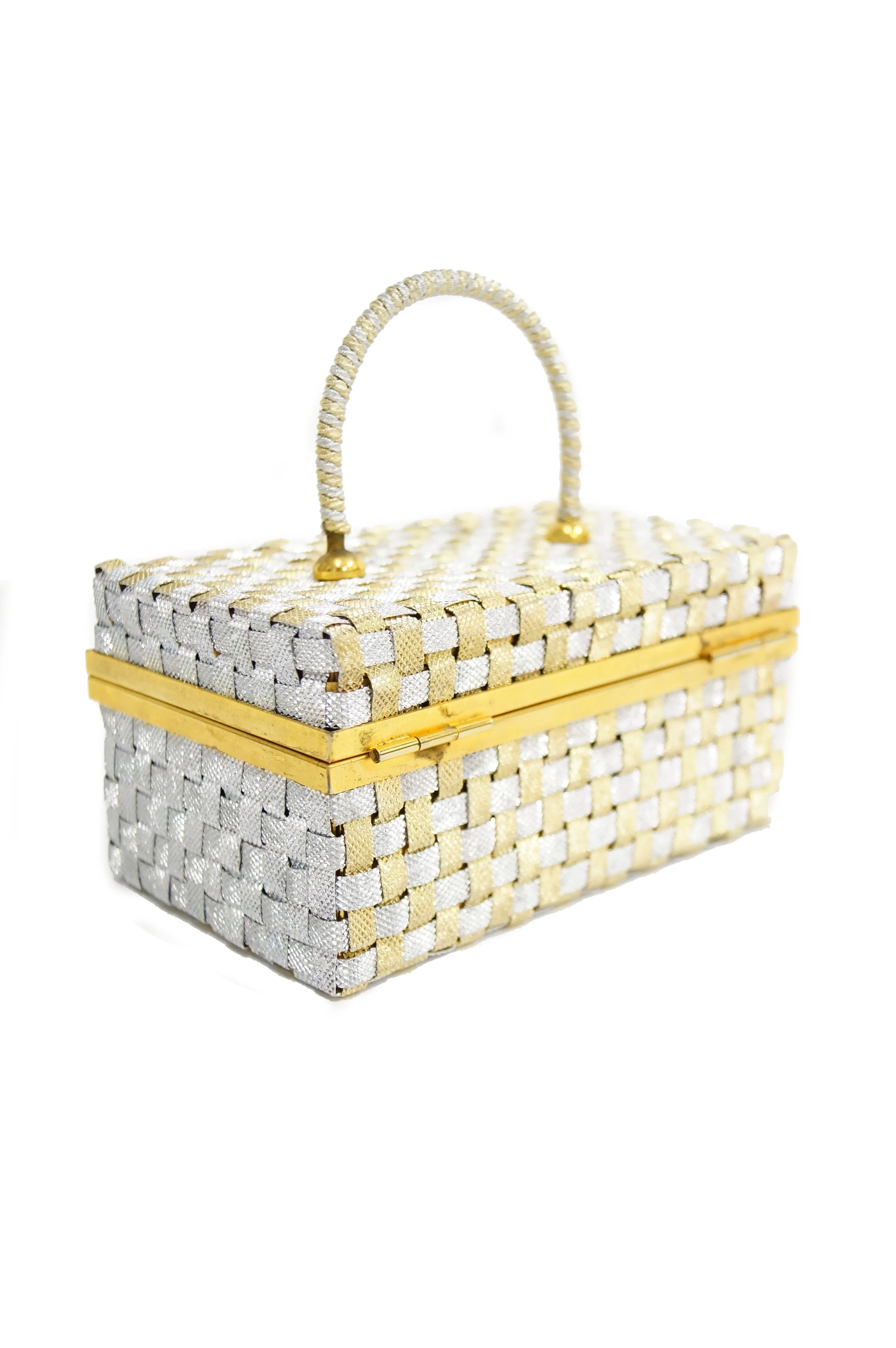 1950s Delil Silver and Gold Woven Metal Box Purse With Foil Opal Closure
