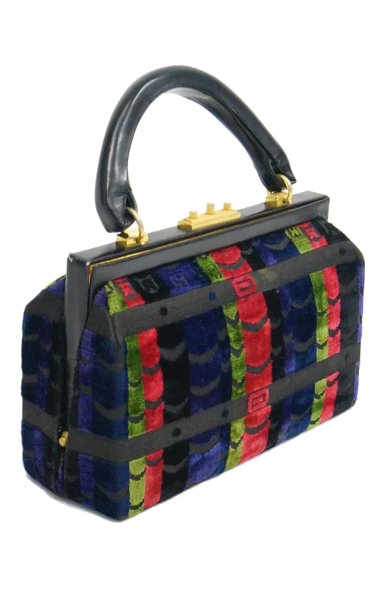 1970s Roberta di Camerino Red Green Navy Black Stripe Devore Velvet Handbag