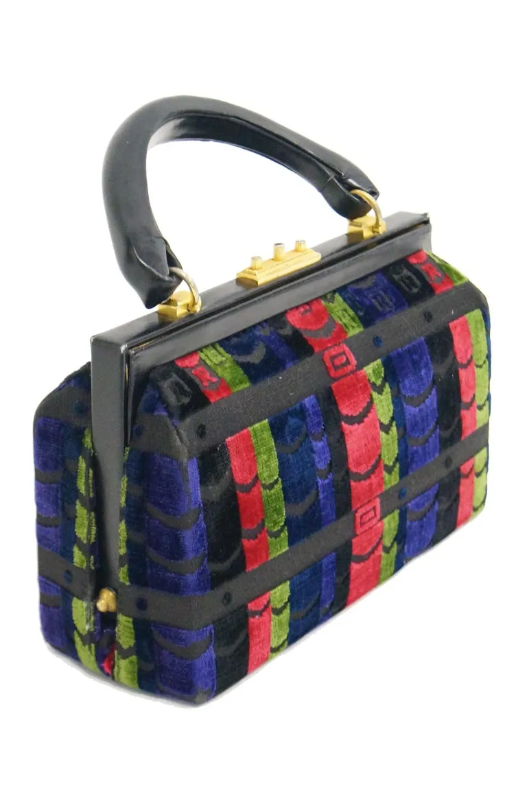 1970s Roberta di Camerino Red Green Navy Black Stripe Devore Velvet Handbag