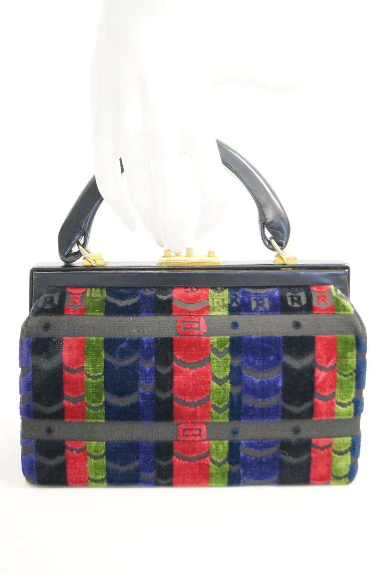 1970s Roberta di Camerino Red Green Navy Black Stripe Devore Velvet Handbag