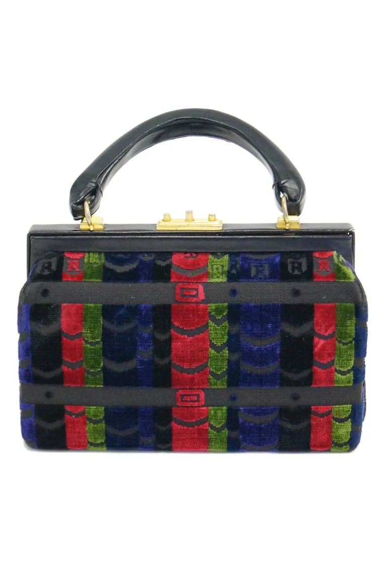 1970s Roberta di Camerino Red Green Navy Black Stripe Devore Velvet Handbag