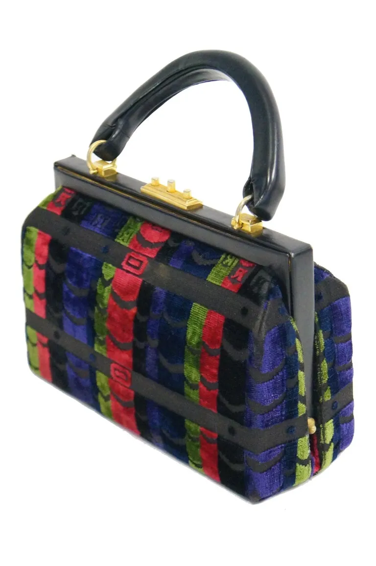 1970s Roberta di Camerino Red Green Navy Black Stripe Devore Velvet Handbag
