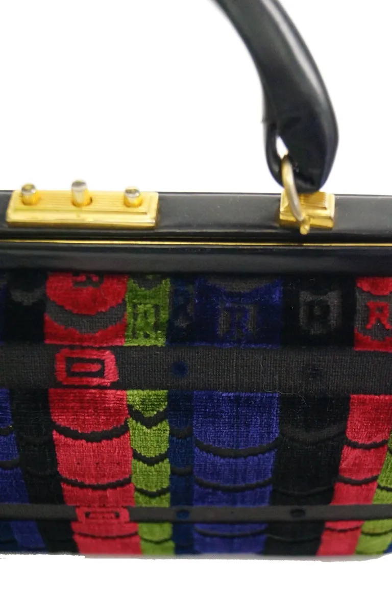 1970s Roberta di Camerino Red Green Navy Black Stripe Devore Velvet Handbag