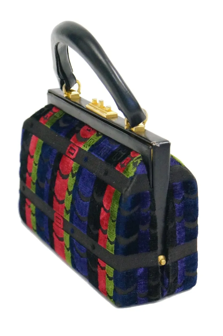 1970s Roberta di Camerino Red Green Navy Black Stripe Devore Velvet Handbag