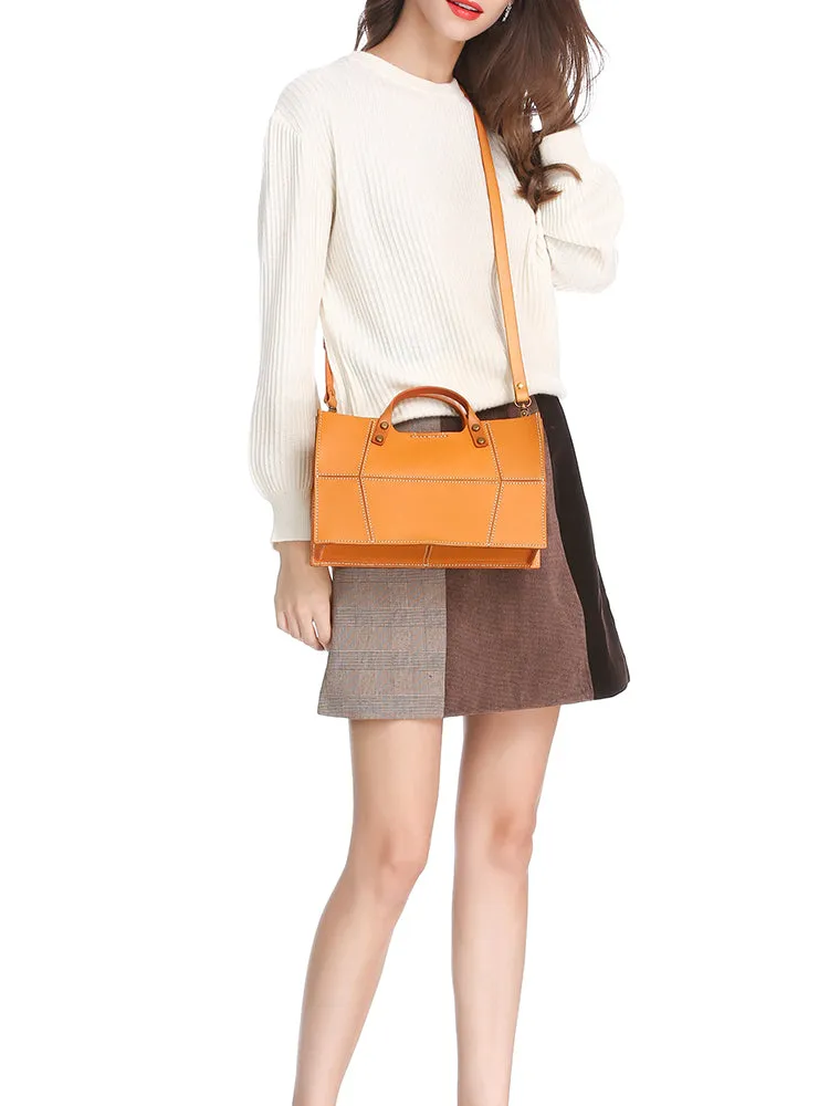 Brown Womens Handmade Leather Box Handbag Tote Brown Shoulder Bag Crossbody Purse For Women