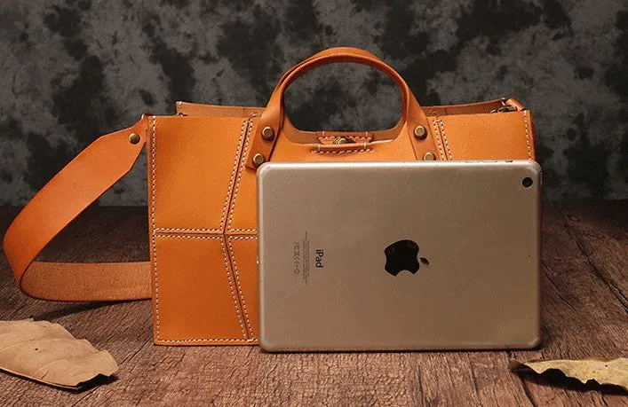 Brown Womens Handmade Leather Box Handbag Tote Brown Shoulder Bag Crossbody Purse For Women
