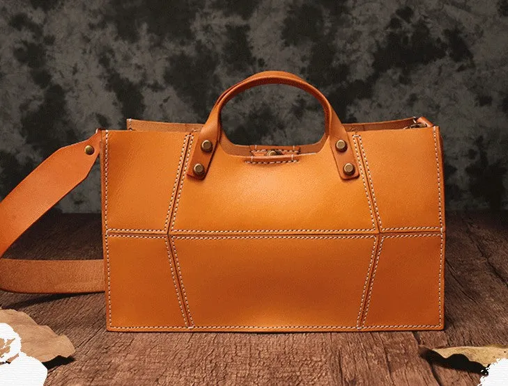 Brown Womens Handmade Leather Box Handbag Tote Brown Shoulder Bag Crossbody Purse For Women
