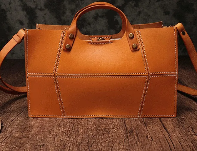 Brown Womens Handmade Leather Box Handbag Tote Brown Shoulder Bag Crossbody Purse For Women