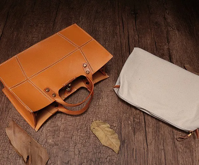 Brown Womens Handmade Leather Box Handbag Tote Brown Shoulder Bag Crossbody Purse For Women