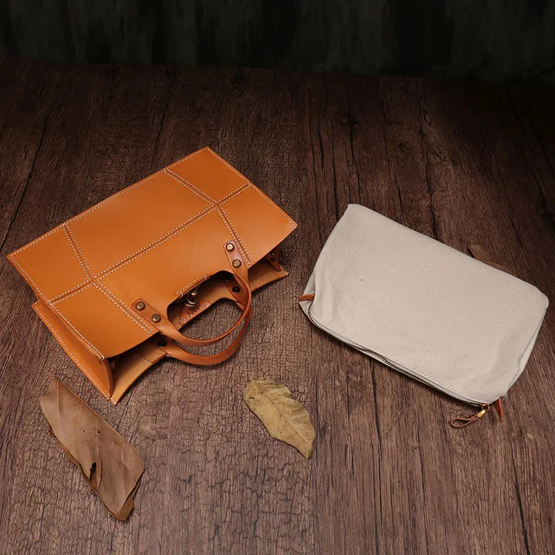 Brown Womens Handmade Leather Box Handbag Tote Brown Shoulder Bag Crossbody Purse For Women