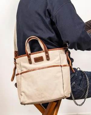 Canvas Leather Mens Side Bag Army Green 12'' Tote Postman Bag Messenger Bag for Men