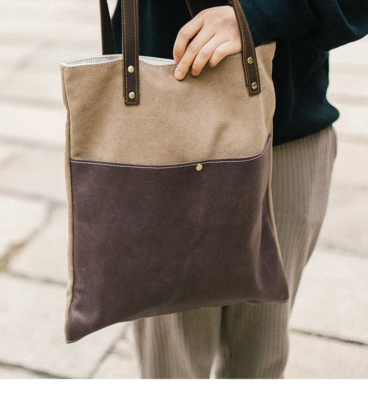 Canvas Tote Bags Khaki&Coffee Canvas Leather Handbag Womens Canvas Leather Tote Bags for Men