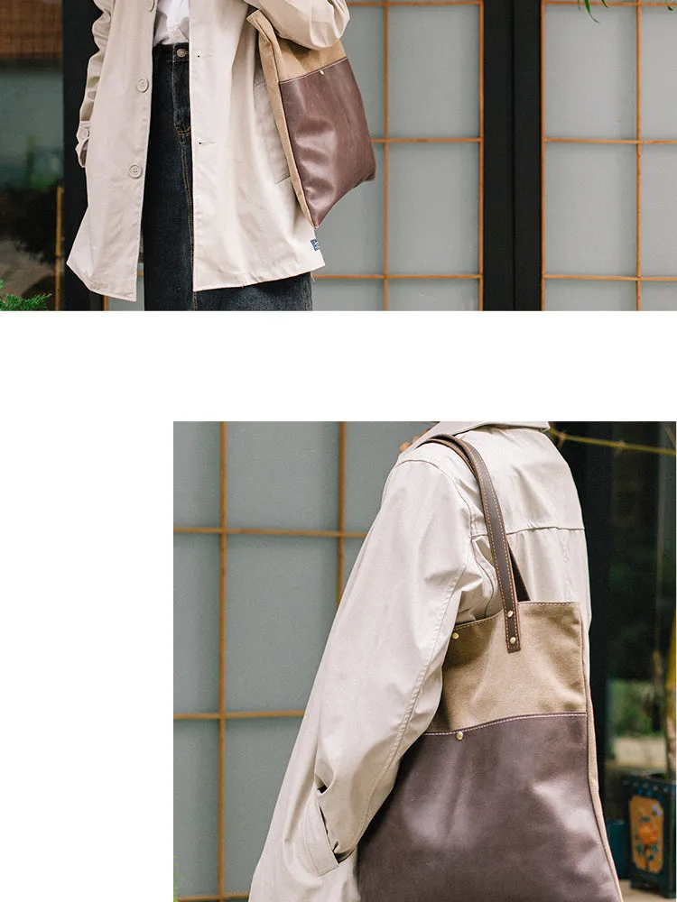 Canvas Tote Bags Khaki&Coffee Canvas Leather Handbag Womens Canvas Leather Tote Bags for Men