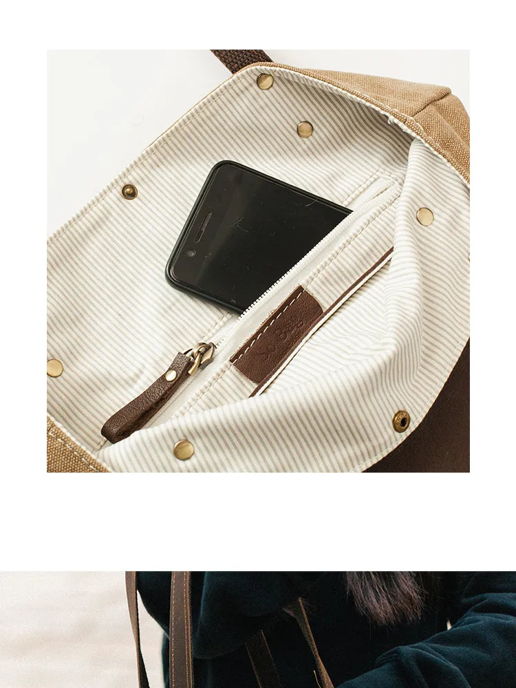 Canvas Tote Bags Khaki&Coffee Canvas Leather Handbag Womens Canvas Leather Tote Bags for Men
