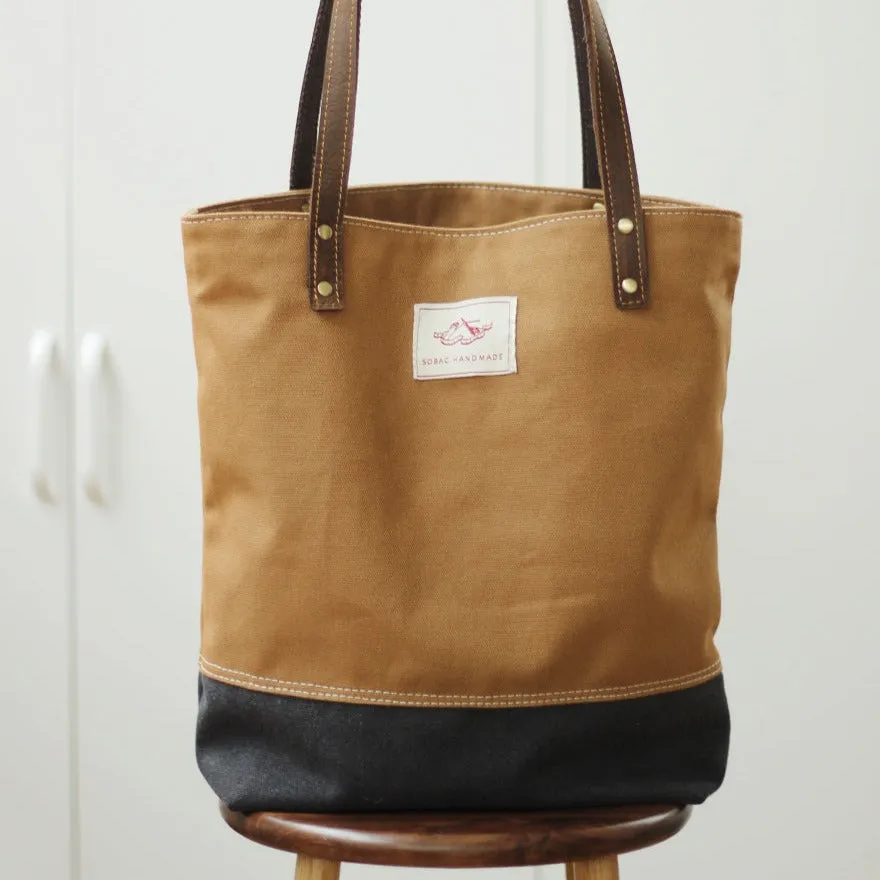 Canvas Tote Leather Straps Women Khaki&Black Leather Handle Canvas Tote Bag