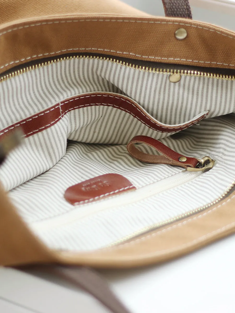 Canvas Tote Leather Straps Women Khaki&Black Leather Handle Canvas Tote Bag