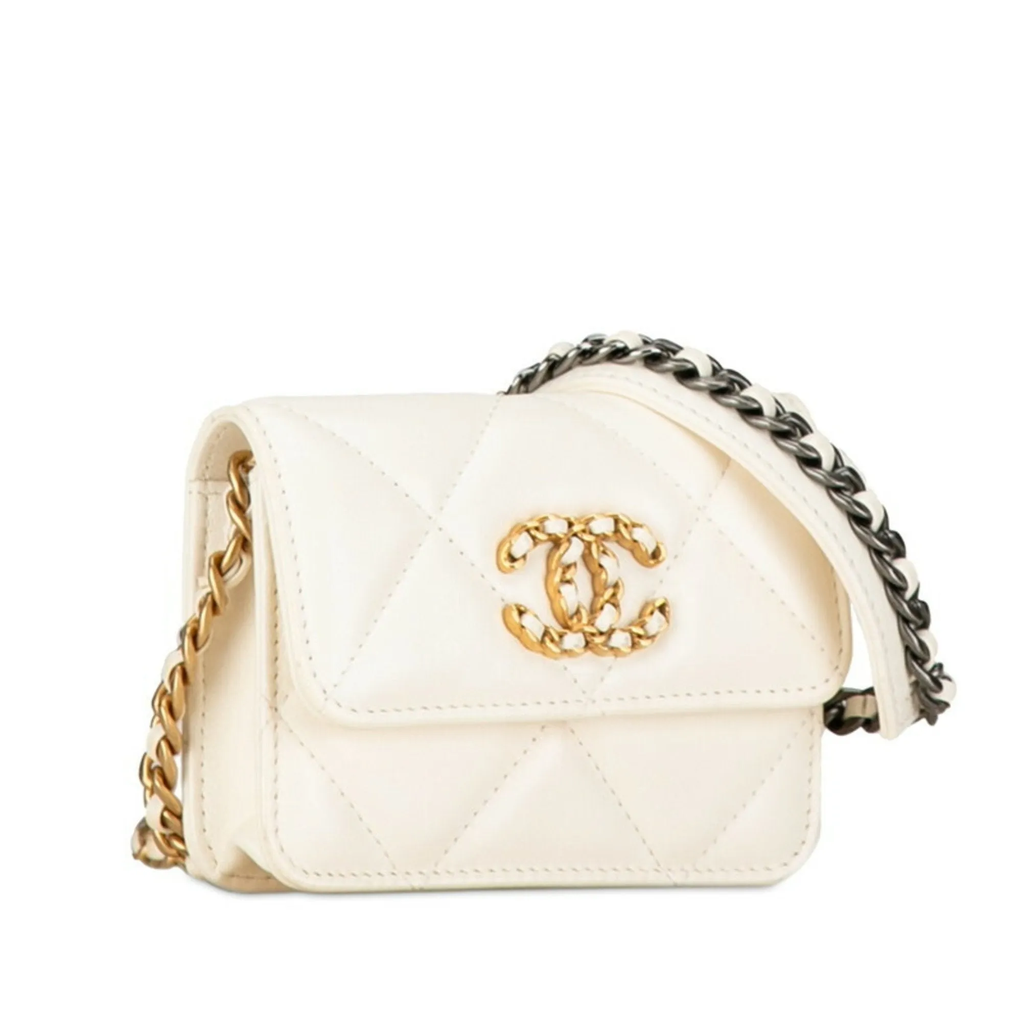CHANEL Chanel 19 Chain Shoulder Bag White Gold Silver Lambskin Women's
