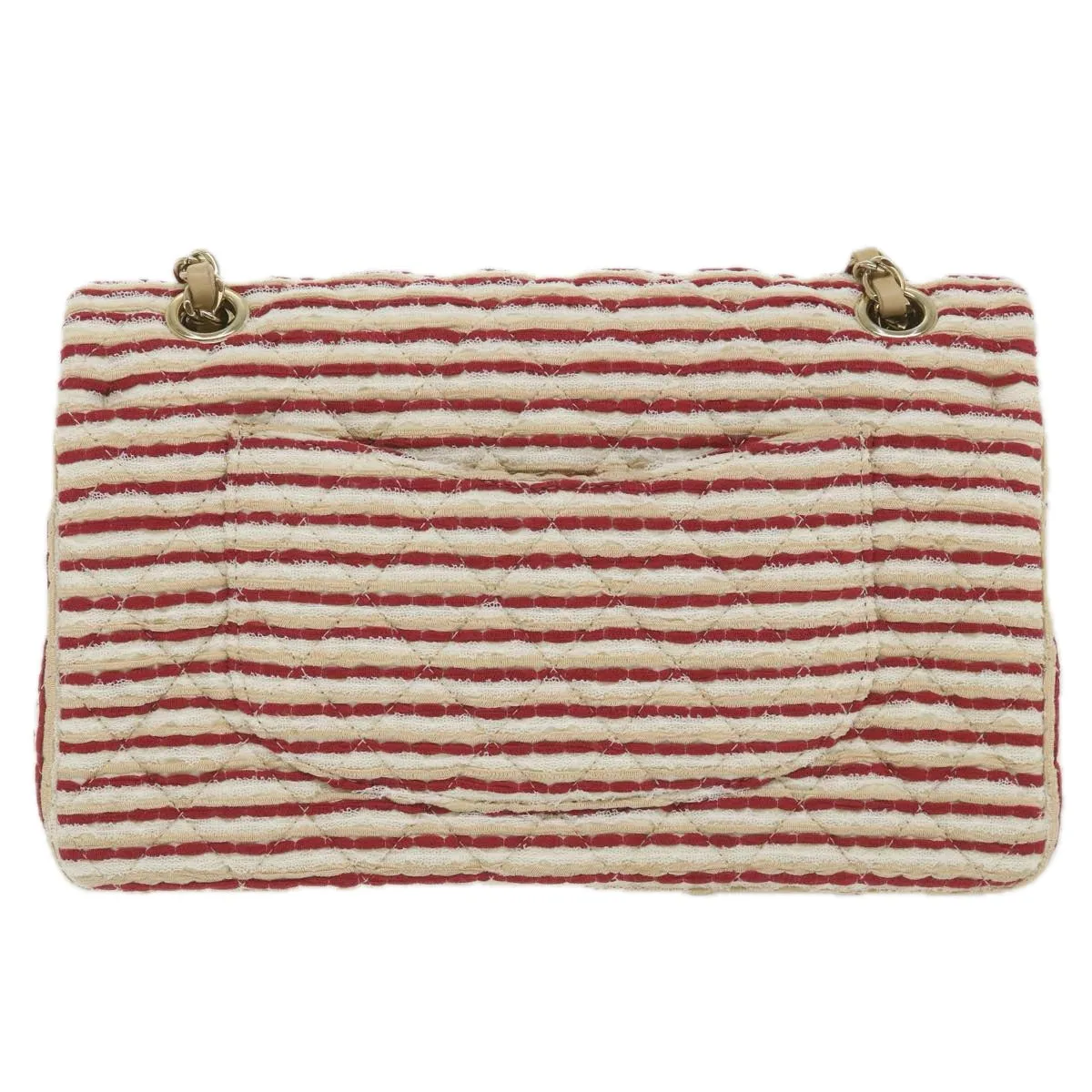 CHANEL Quilted Matelasse Chain Shoulder Bag Canvas Red Beige CC Auth 58343S