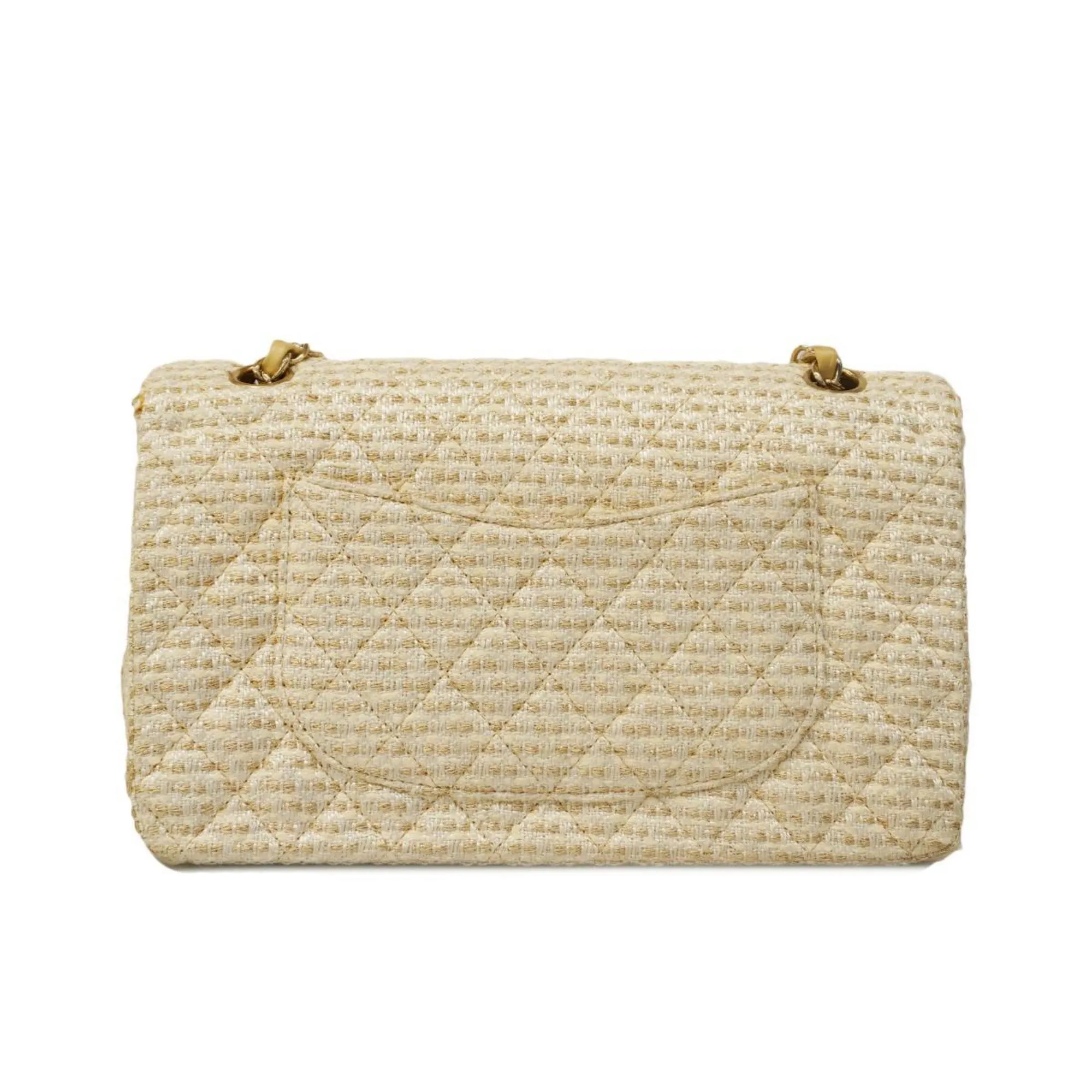 Chanel Shoulder Bag Matelasse W Flap Chain Tweed White Champagne Women's