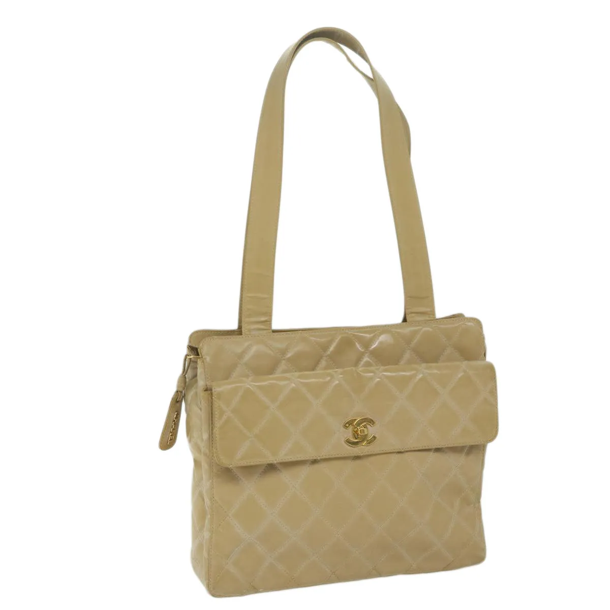 CHANEL Shoulder Bag Patent leather Beige CC Auth bs10487