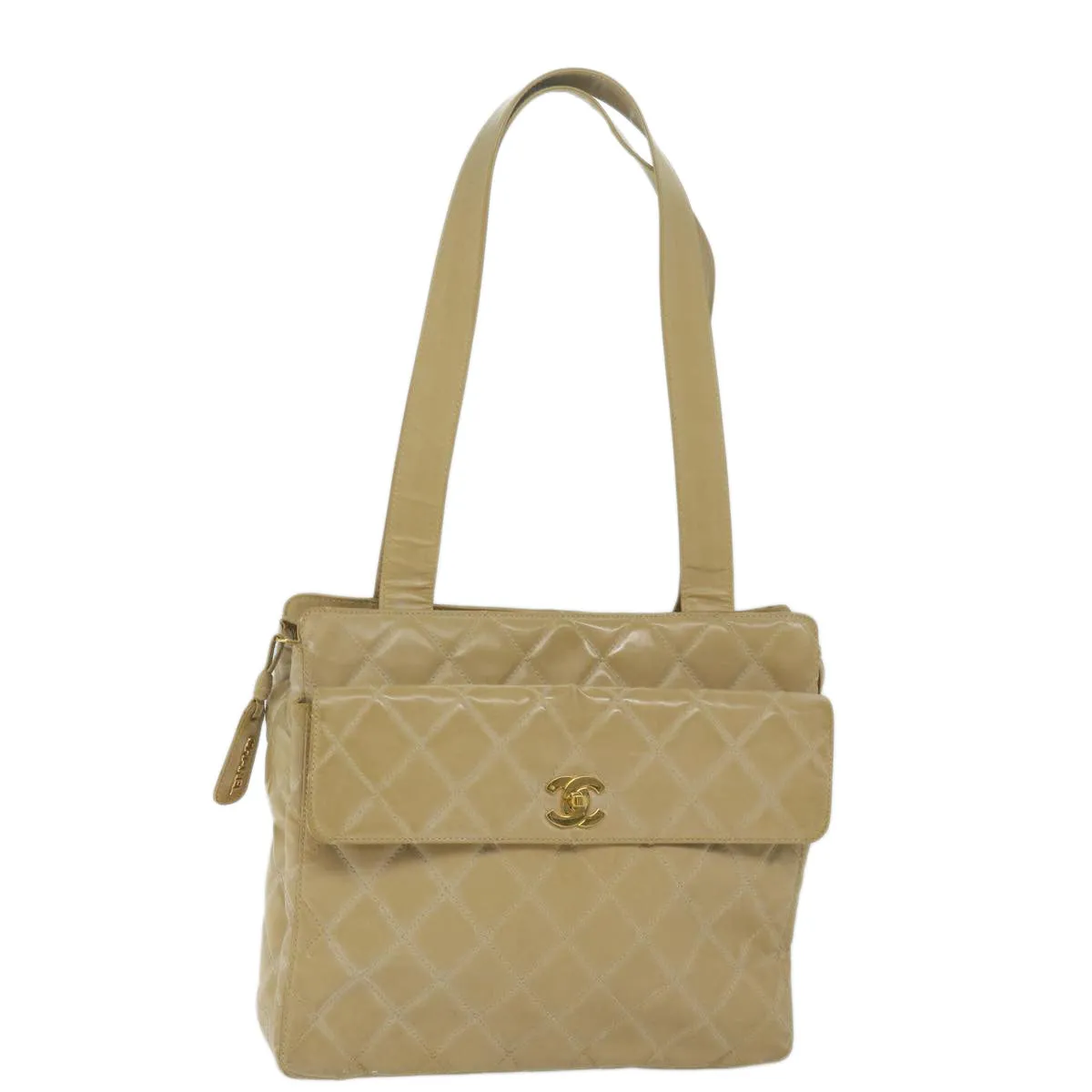 CHANEL Shoulder Bag Patent leather Beige CC Auth bs10487