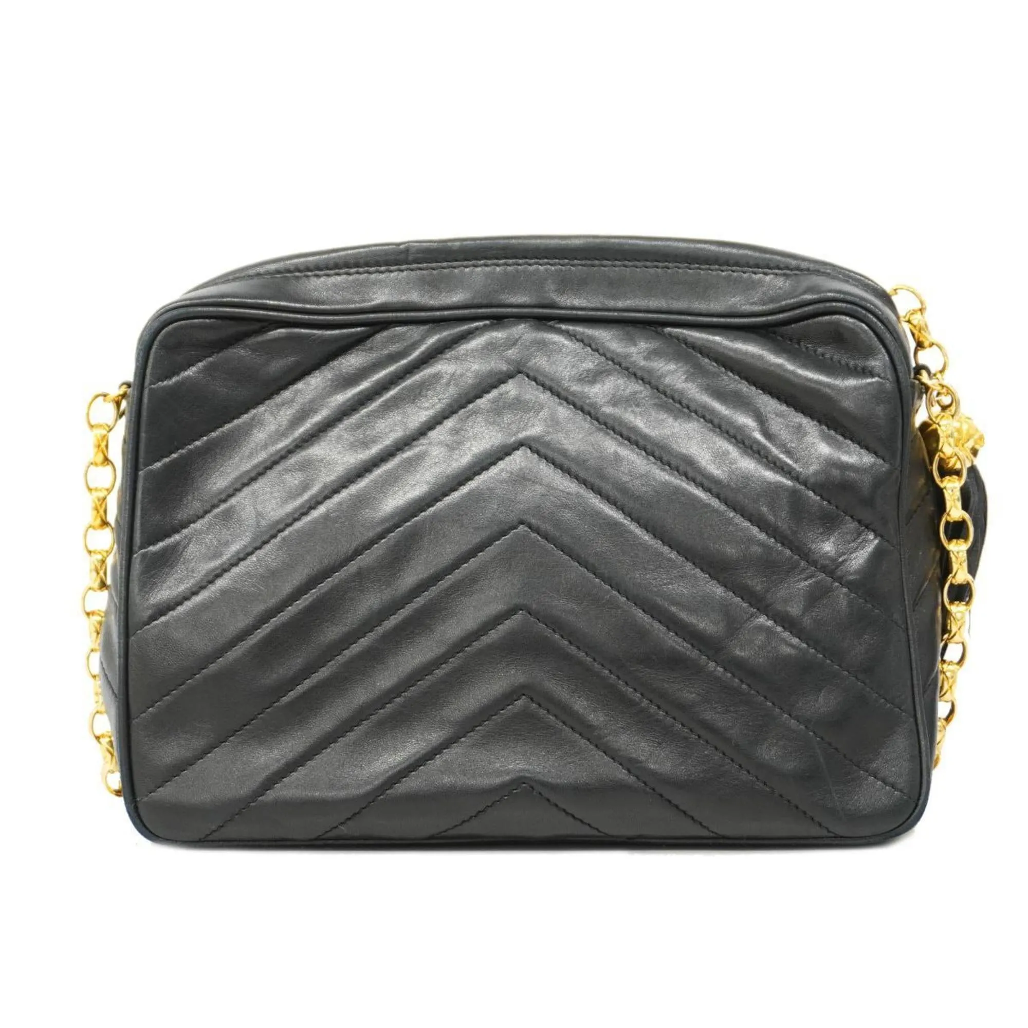 Chanel Shoulder Bag with V-stitching, Lambskin, Black, Women's