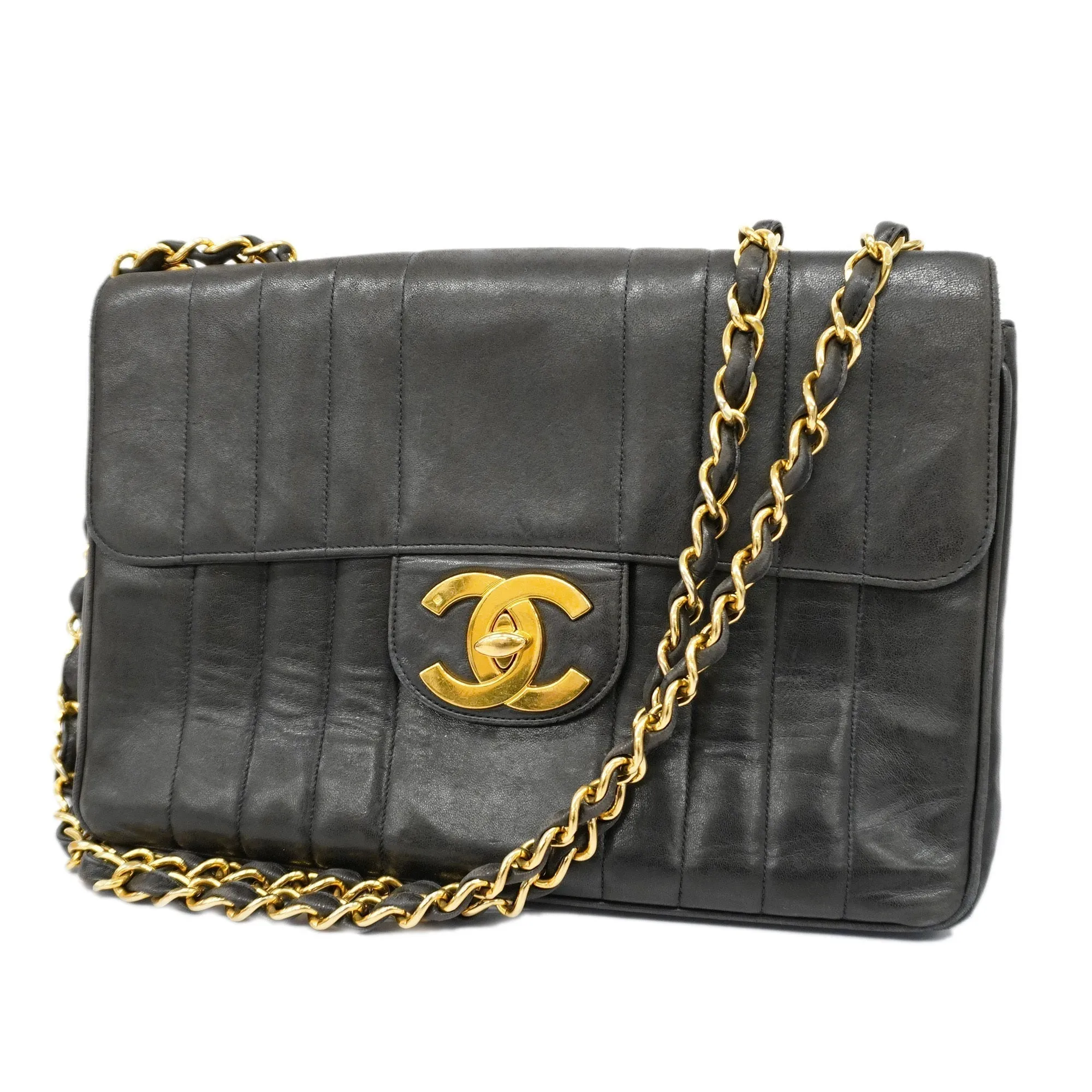 ChanelAuth  Mademoiselle W Chain Women's Leather Shoulder Bag Black