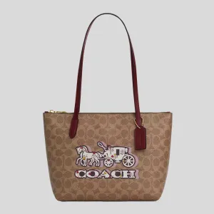 COACH Fiona Zip Tote Bag In Signature Canvas With Horse And Carriage Print CX587