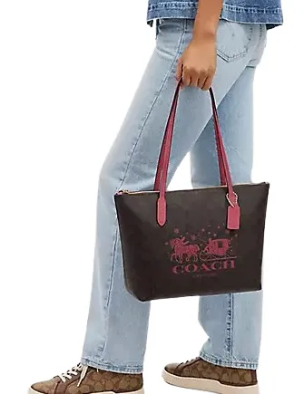 Coach Zip Top Tote In Signature Canvas With Horse And Sleigh