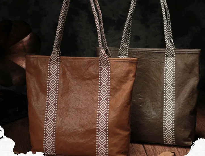 Country Style Black Leather Tote Bag Shopper Bag Brown Tote Purse For Women