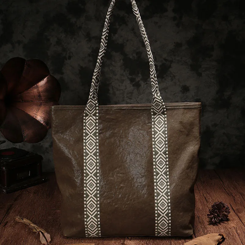 Country Style Black Leather Tote Bag Shopper Bag Brown Tote Purse For Women