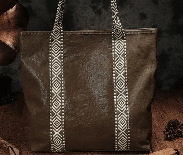 Country Style Black Leather Tote Bag Shopper Bag Brown Tote Purse For Women