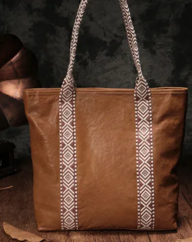Country Style Black Leather Tote Bag Shopper Bag Brown Tote Purse For Women