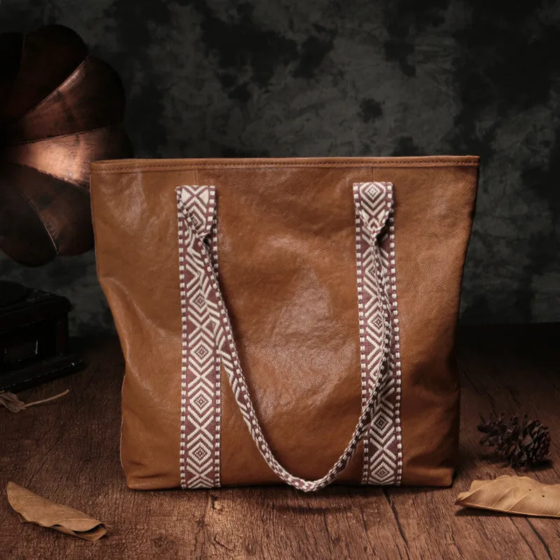 Country Style Black Leather Tote Bag Shopper Bag Brown Tote Purse For Women
