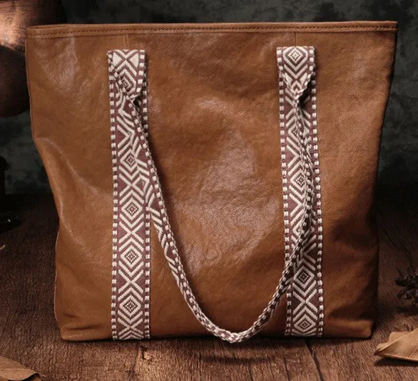 Country Style Black Leather Tote Bag Shopper Bag Brown Tote Purse For Women