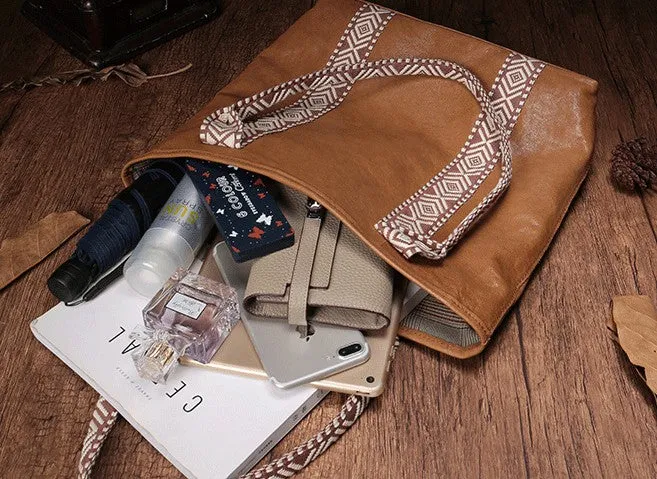 Country Style Black Leather Tote Bag Shopper Bag Brown Tote Purse For Women