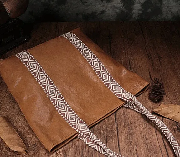 Country Style Black Leather Tote Bag Shopper Bag Brown Tote Purse For Women
