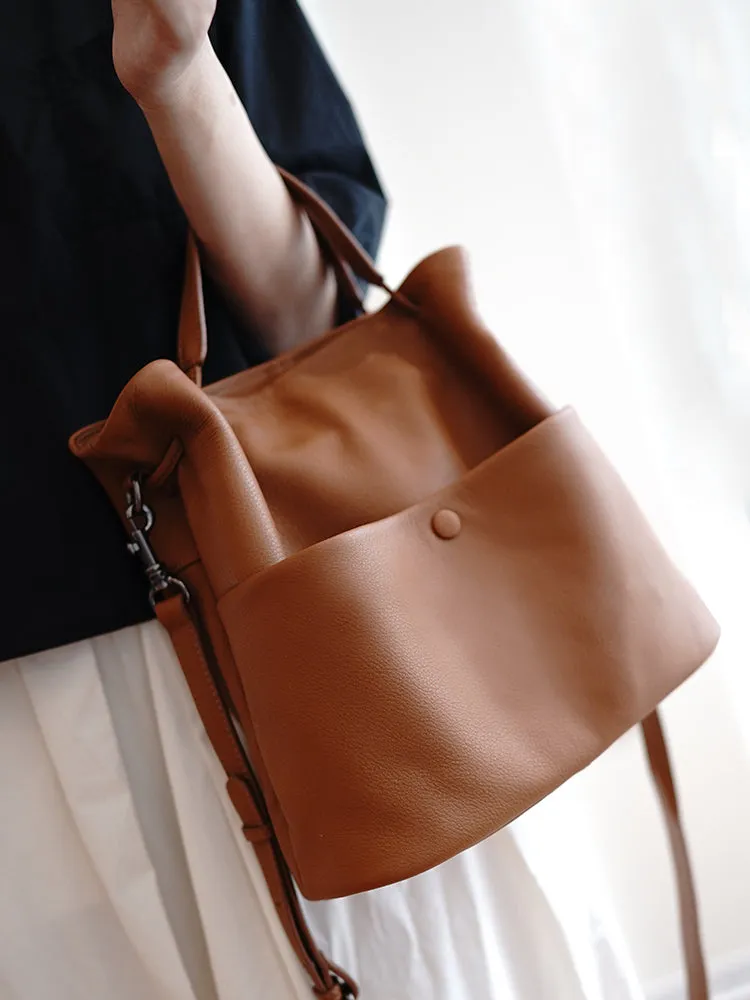 Cute Black Leather Bucket Tote Shoulder Bag Women Barrel Tote Handbag for Women