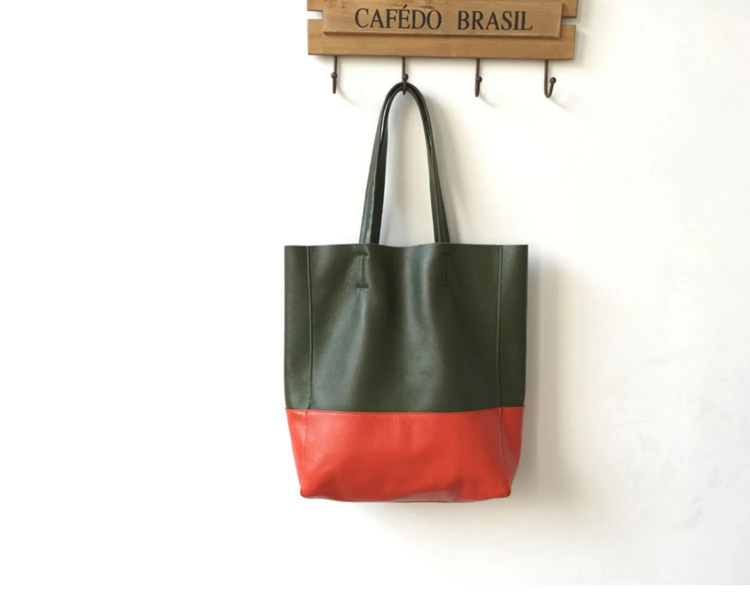 Dark Brown&Orange Leather Tote Bag Two Tone Tote Bag Womens Two Tone Purse Leather Work Tote Bag