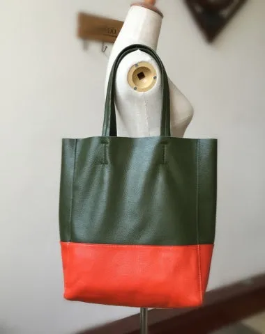 Dark Brown&Orange Leather Tote Bag Two Tone Tote Bag Womens Two Tone Purse Leather Work Tote Bag