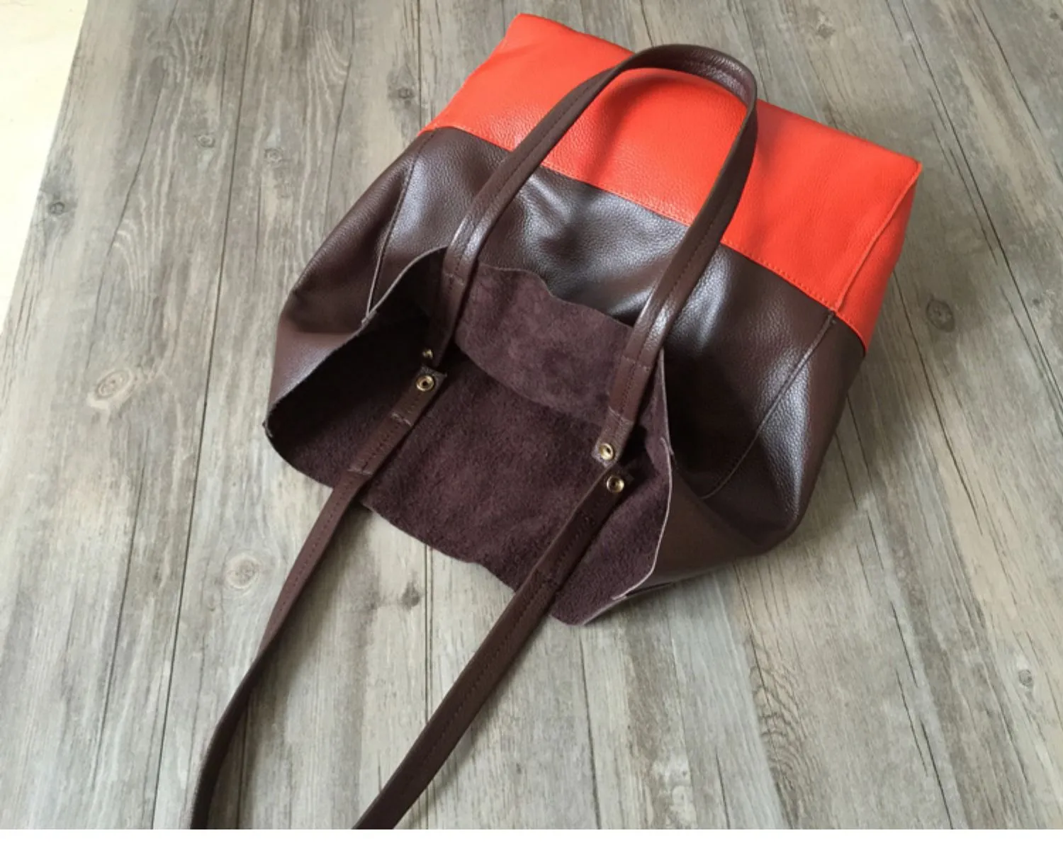 Dark Brown&Orange Leather Tote Bag Two Tone Tote Bag Womens Two Tone Purse Leather Work Tote Bag