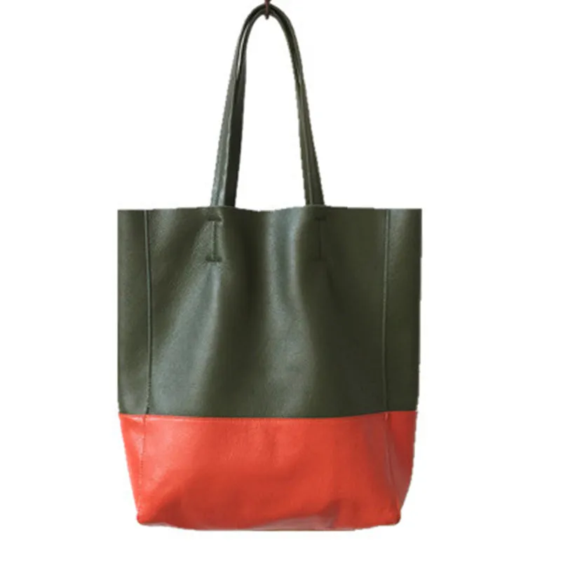 Dark Brown&Orange Leather Tote Bag Two Tone Tote Bag Womens Two Tone Purse Leather Work Tote Bag