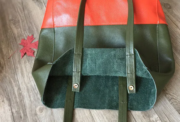 Dark Brown&Orange Leather Tote Bag Two Tone Tote Bag Womens Two Tone Purse Leather Work Tote Bag