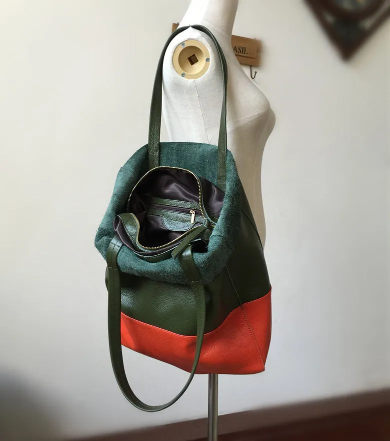 Dark Brown&Orange Leather Tote Bag Two Tone Tote Bag Womens Two Tone Purse Leather Work Tote Bag