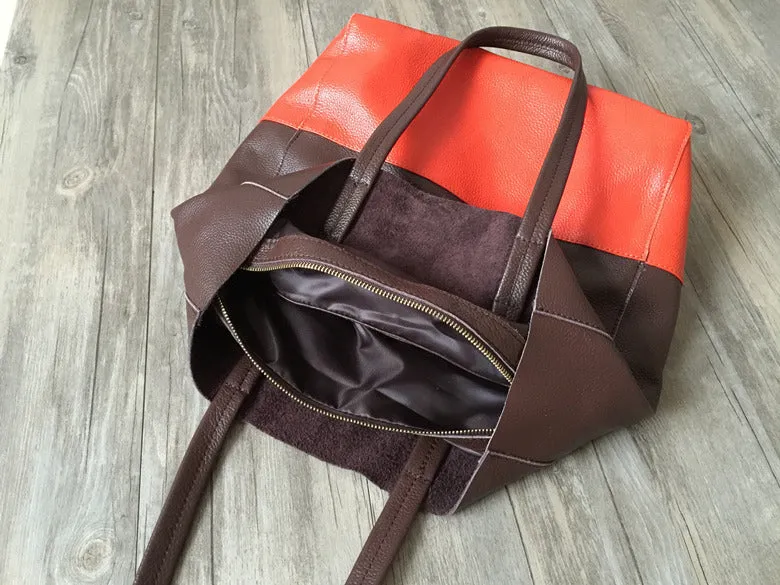 Dark Brown&Orange Leather Tote Bag Two Tone Tote Bag Womens Two Tone Purse Leather Work Tote Bag