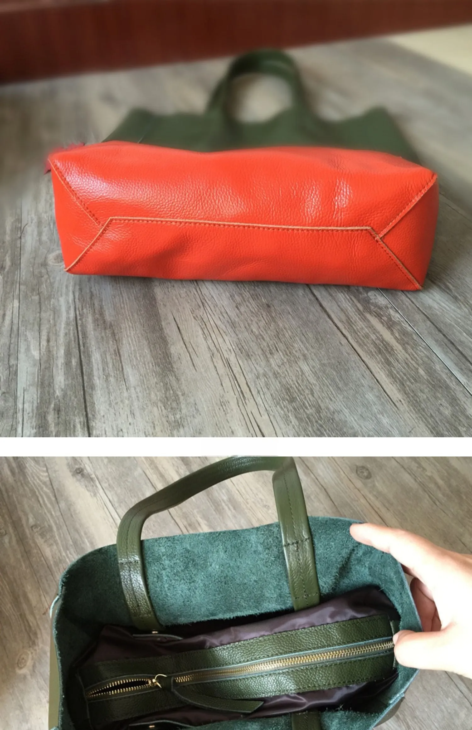Dark Brown&Orange Leather Tote Bag Two Tone Tote Bag Womens Two Tone Purse Leather Work Tote Bag
