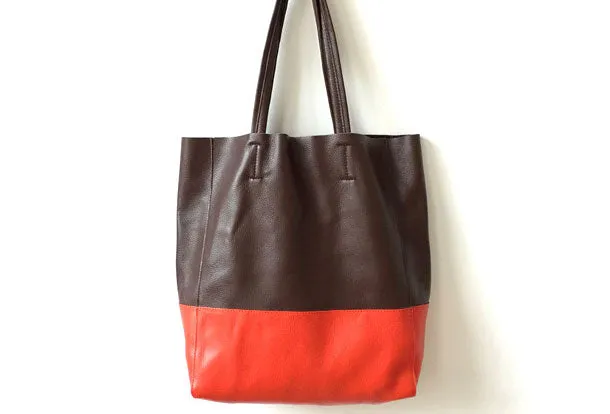 Dark Brown&Orange Leather Tote Bag Two Tone Tote Bag Womens Two Tone Purse Leather Work Tote Bag